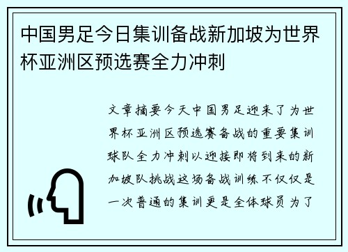 中国男足今日集训备战新加坡为世界杯亚洲区预选赛全力冲刺