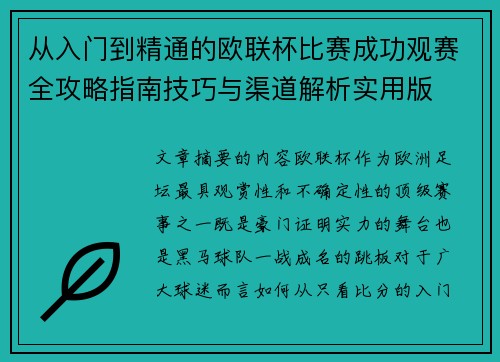 从入门到精通的欧联杯比赛成功观赛全攻略指南技巧与渠道解析实用版
