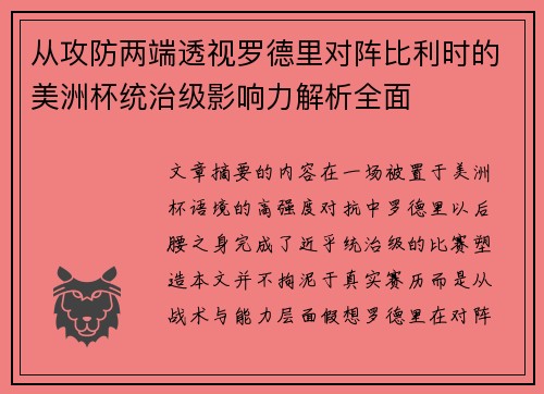 从攻防两端透视罗德里对阵比利时的美洲杯统治级影响力解析全面